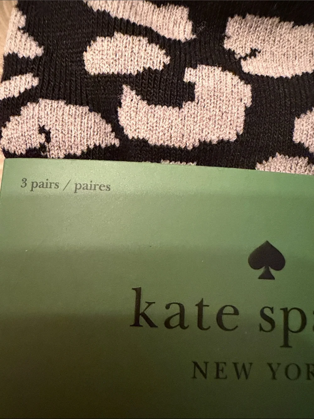 kate spade Black Low-Cut Socks with Cream Leopard Spots, Pink & Grey 3 pairs